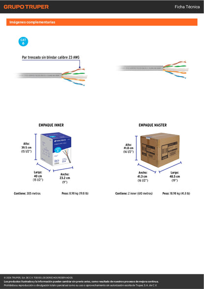 Cable UTP CAT6 305 Metros Bobina Gris VOLTECK