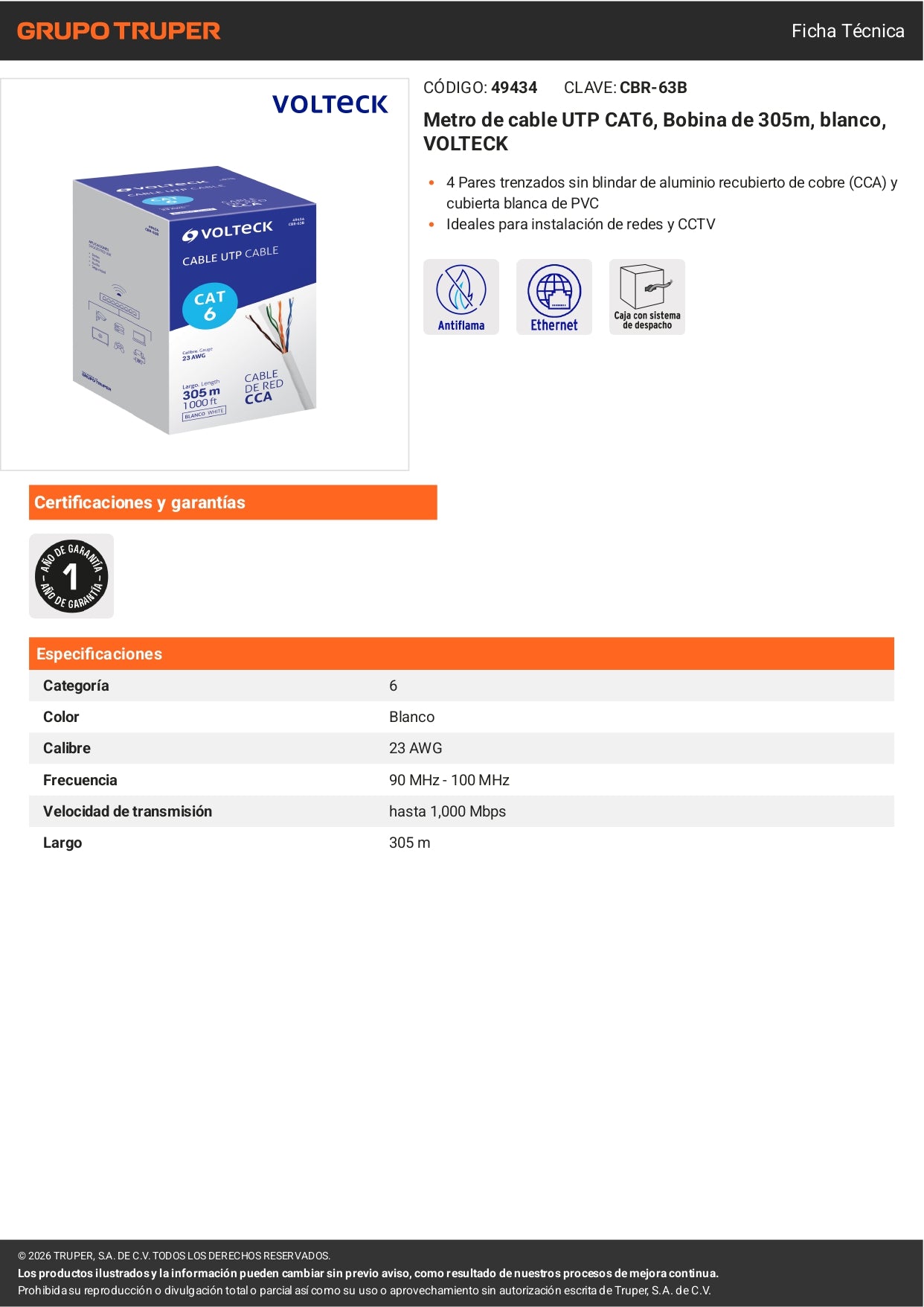 cable UTP CAT6 blanco VOLTECK por metro o en bobina de 305m. Ideal para redes de alta velocidad.