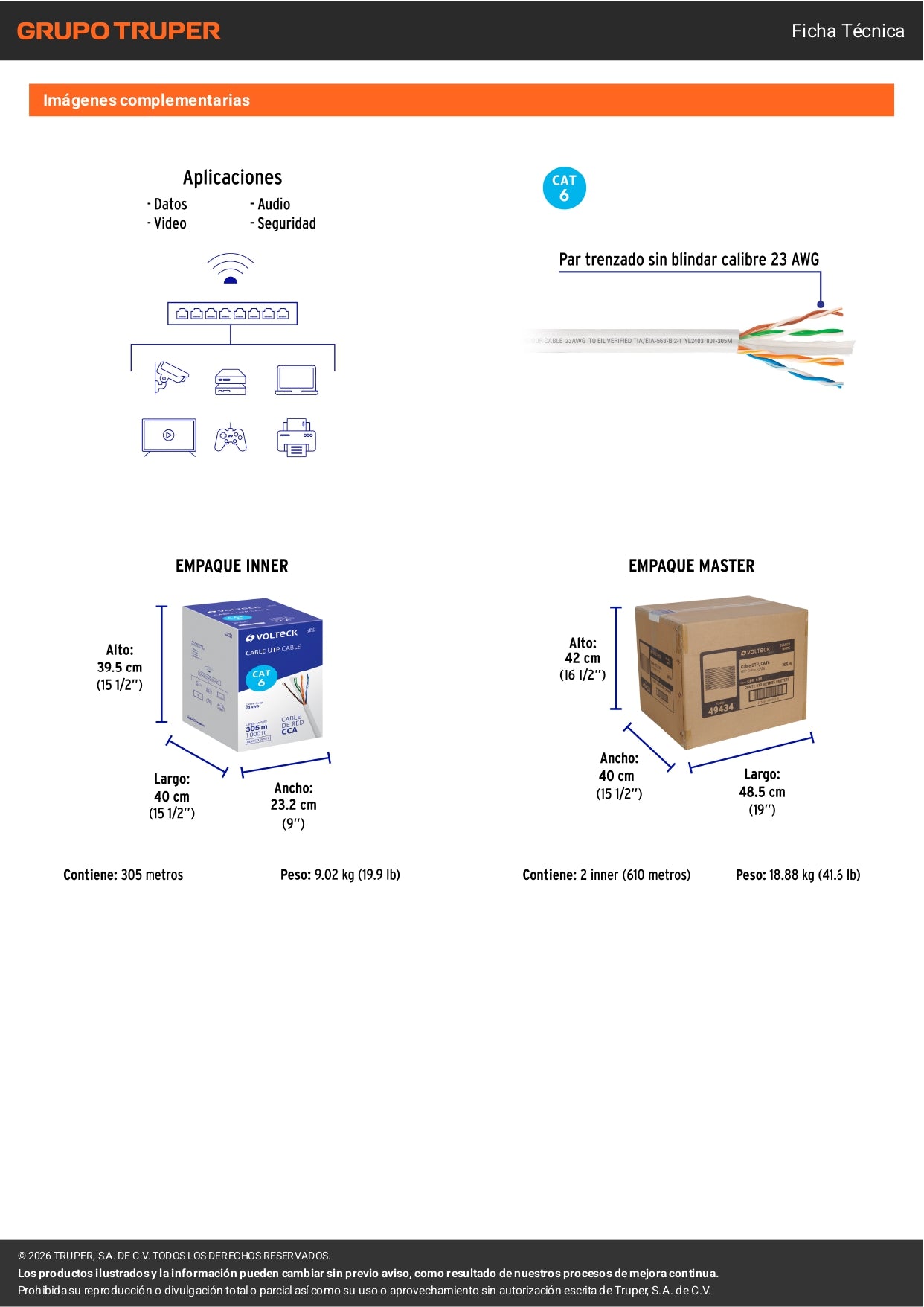 cable UTP CAT6 blanco VOLTECK por metro o en bobina de 305m. Ideal para redes de alta velocidad.