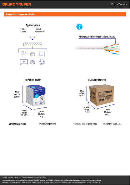 cable UTP CAT6 blanco VOLTECK por metro o en bobina de 305m. Ideal para redes de alta velocidad.
