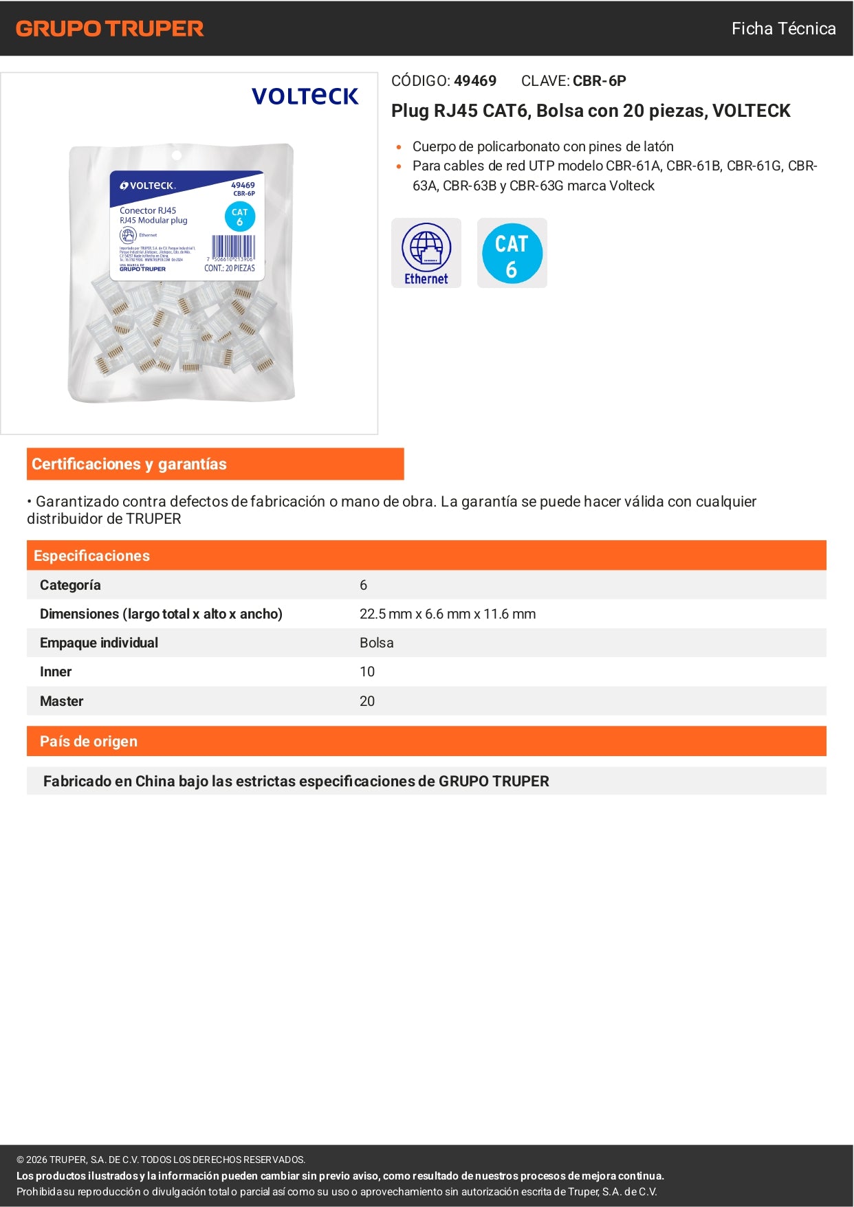 Plug RJ45 CAT6 x20 Piezas | Conector de Red | VOLTECK