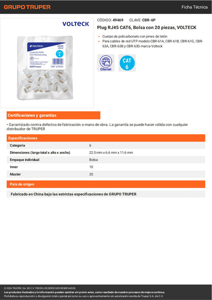 Plug RJ45 CAT6 x20 Piezas | Conector de Red | VOLTECK