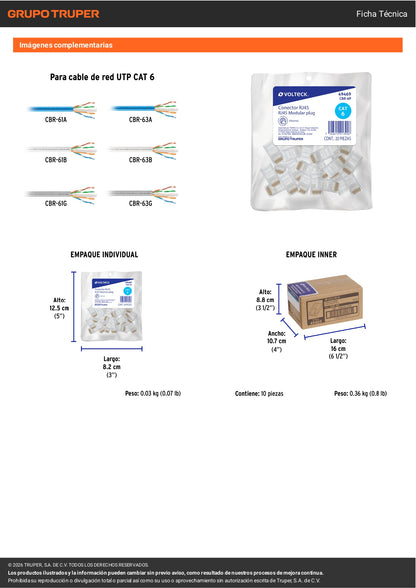 Plug RJ45 CAT6 x20 Piezas | Conector de Red | VOLTECK