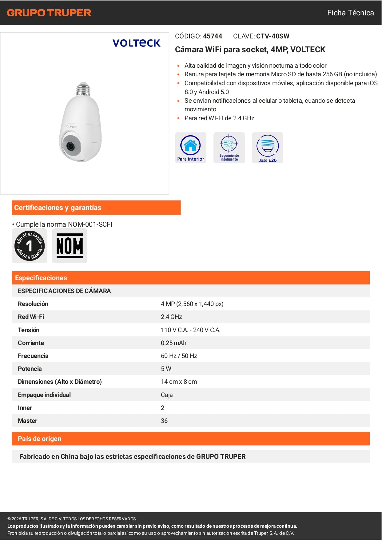 Cámara de seguridad WiFi para socket con resolución 4MP VOLTECK. Fácil instalación, visión nocturna y acceso remoto
