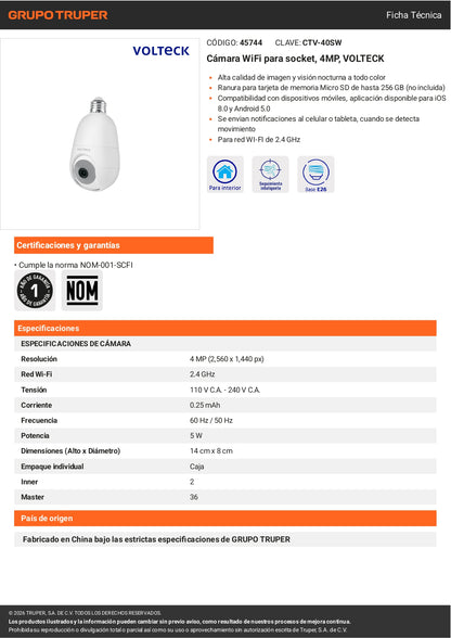 Cámara de seguridad WiFi para socket con resolución 4MP VOLTECK. Fácil instalación, visión nocturna y acceso remoto