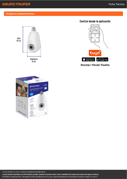 Cámara de seguridad WiFi para socket con resolución 4MP VOLTECK. Fácil instalación, visión nocturna y acceso remoto
