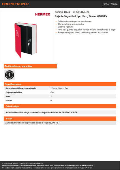 Caja Fuerte Tipo Libro HERMEX 26 cm | Escondite Seguro para Casa y Oficina