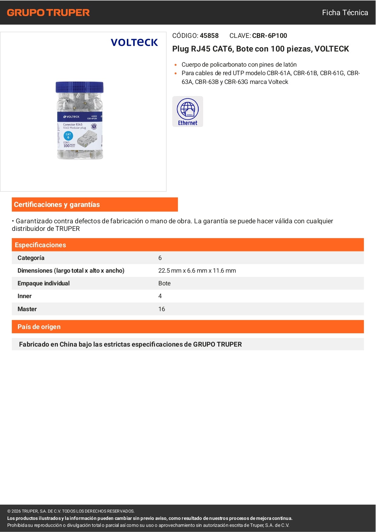 Plug RJ45 CAT6 para instalaciones de red estructurada. Bote con 100 piezas de la marca VOLTECK. Ideal para profesionales y contratistas.