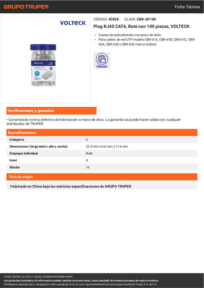 Plug RJ45 CAT6 para instalaciones de red estructurada. Bote con 100 piezas de la marca VOLTECK. Ideal para profesionales y contratistas.