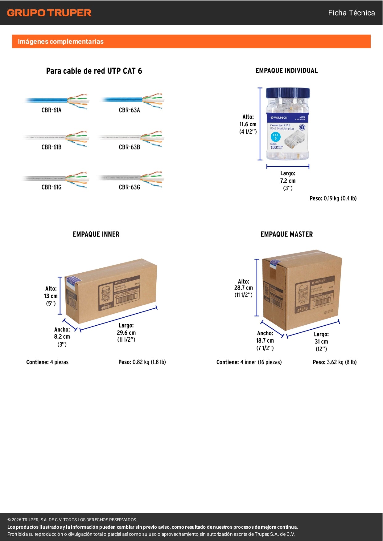 Plug RJ45 CAT6 para instalaciones de red estructurada. Bote con 100 piezas de la marca VOLTECK. Ideal para profesionales y contratistas.