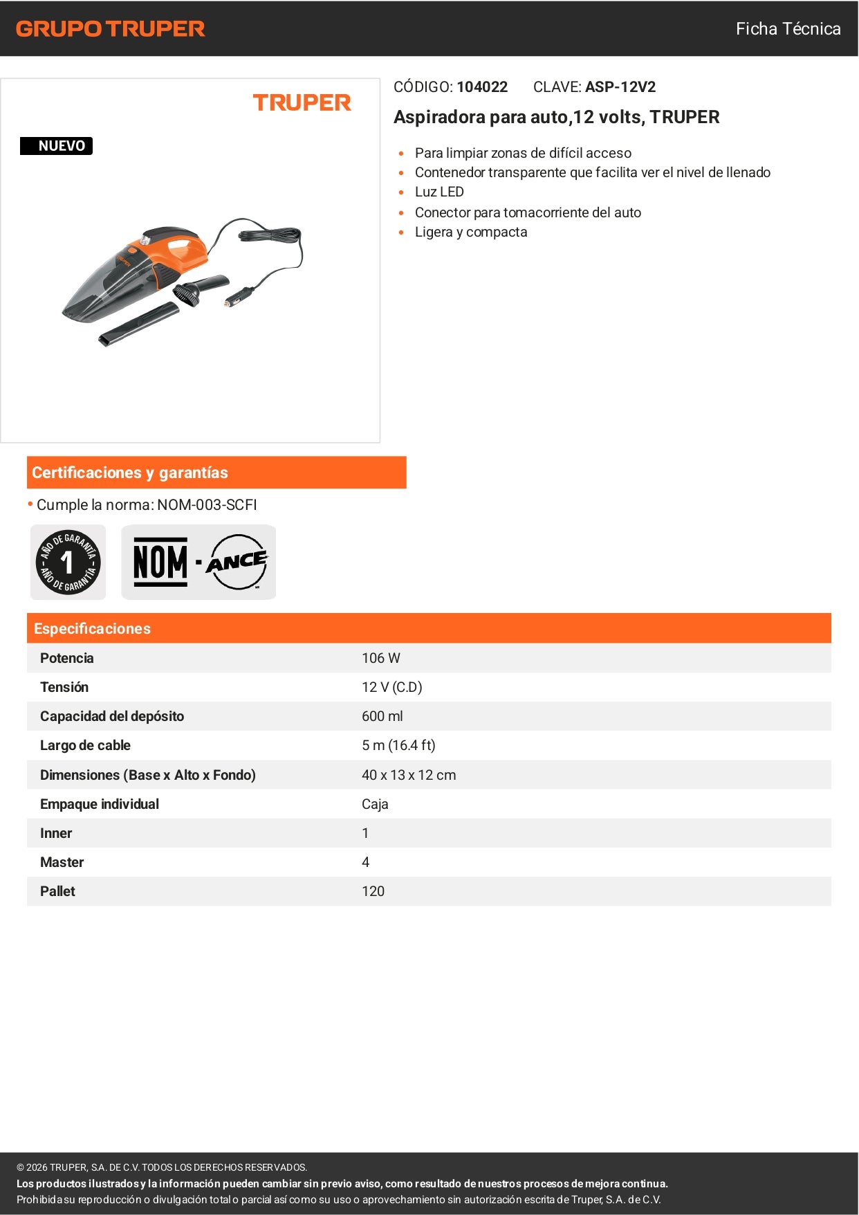 Aspiradora portátil para auto de 12 volts marca Truper. Ideal para limpiar interiores de vehículos.