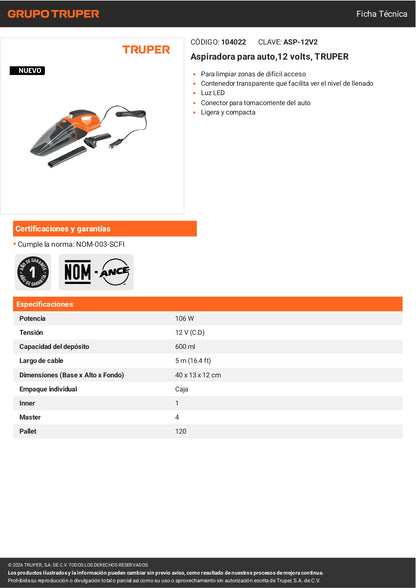 Aspiradora portátil para auto de 12 volts marca Truper. Ideal para limpiar interiores de vehículos.