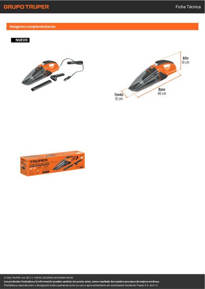 Aspiradora portátil para auto de 12 volts marca Truper. Ideal para limpiar interiores de vehículos.