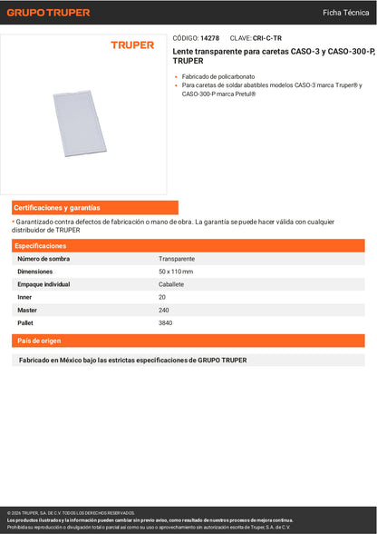 Lente Transparente TRUPER CASO-3 y CASO-300-P | Repuesto Original por caja con 20 piezas