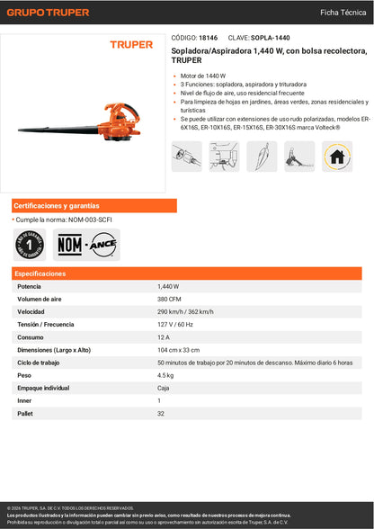 Sopladora y aspiradora TRUPER de 1,440 W con bolsa recolectora. Ideal para limpieza de jardines, talleres y espacios exteriores.