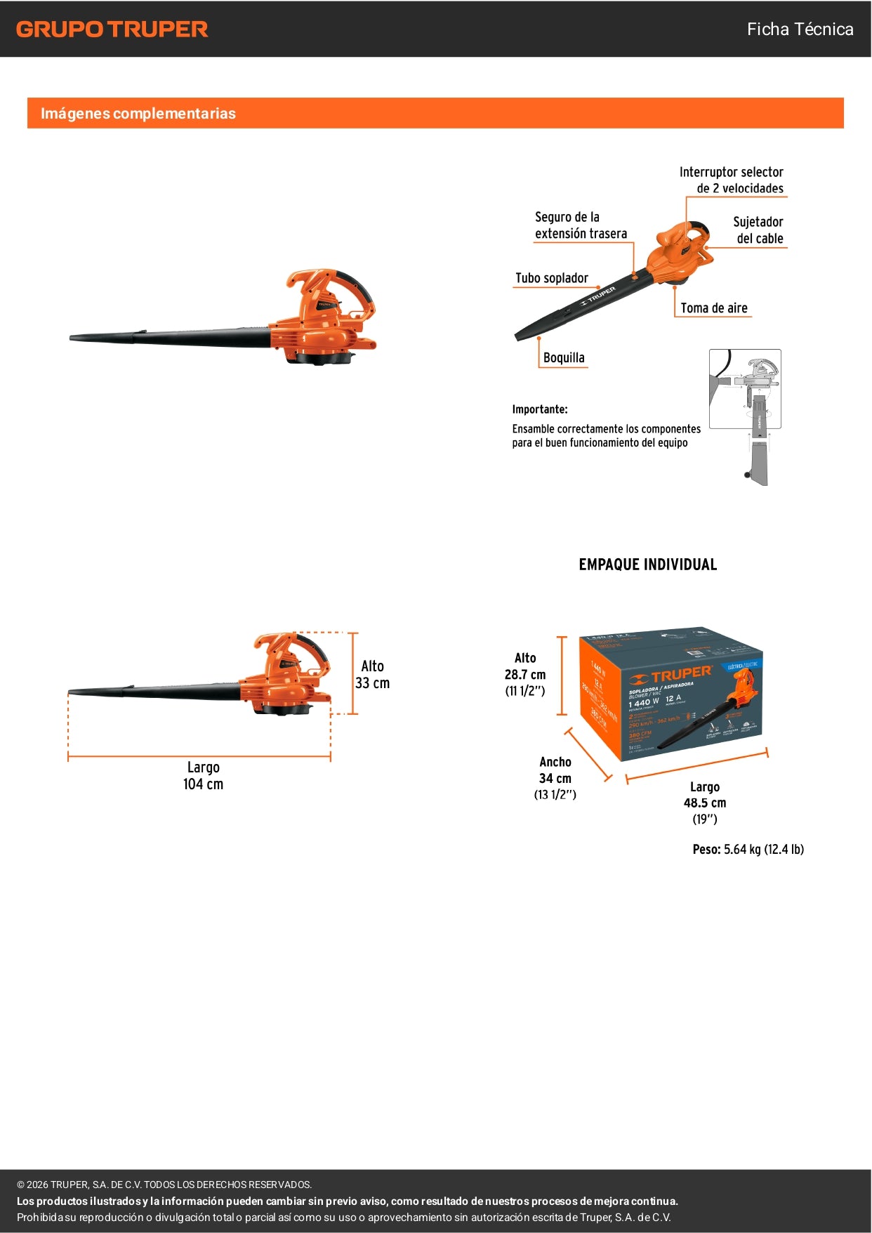 Sopladora y aspiradora TRUPER de 1,440 W con bolsa recolectora. Ideal para limpieza de jardines, talleres y espacios exteriores.