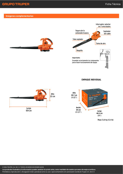 Sopladora y aspiradora TRUPER de 1,440 W con bolsa recolectora. Ideal para limpieza de jardines, talleres y espacios exteriores.