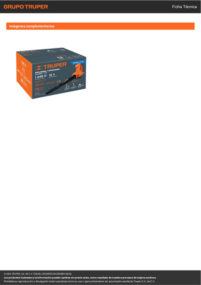 Sopladora y aspiradora TRUPER de 1,440 W con bolsa recolectora. Ideal para limpieza de jardines, talleres y espacios exteriores.