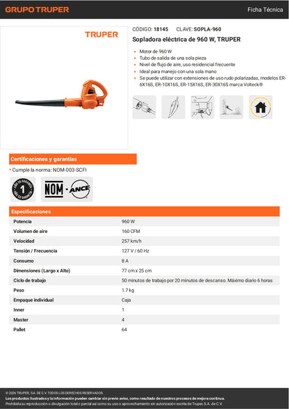 Sopladora Eléctrica TRUPER 960W – Soplador Industrial con Cable
