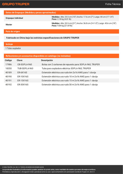 Sopladora Eléctrica TRUPER 960W – Soplador Industrial con Cable