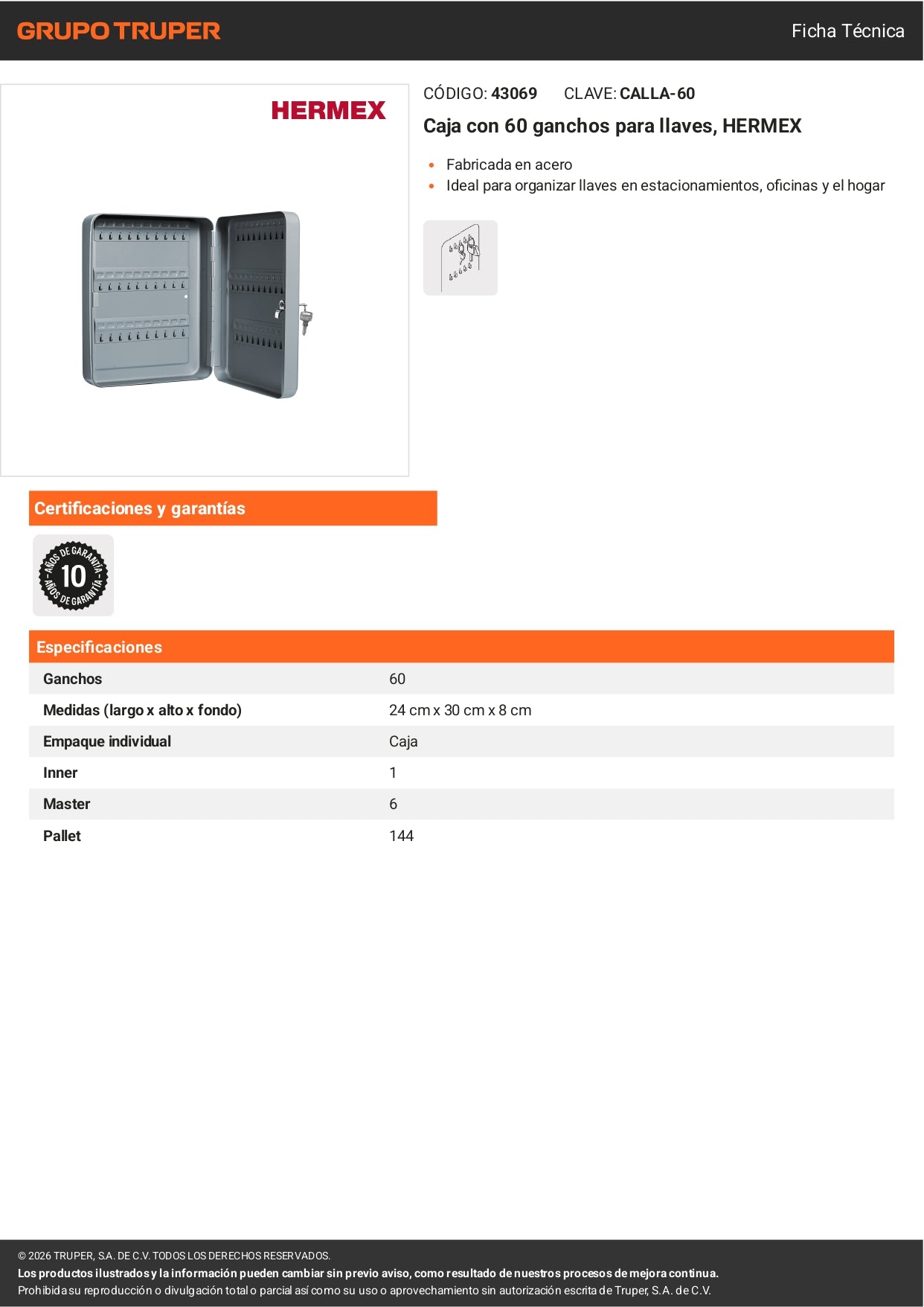 Caja Organizadora 60 Ganchos para Llaves HERMEX