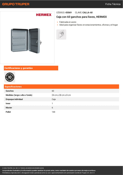 Caja Organizadora 60 Ganchos para Llaves HERMEX