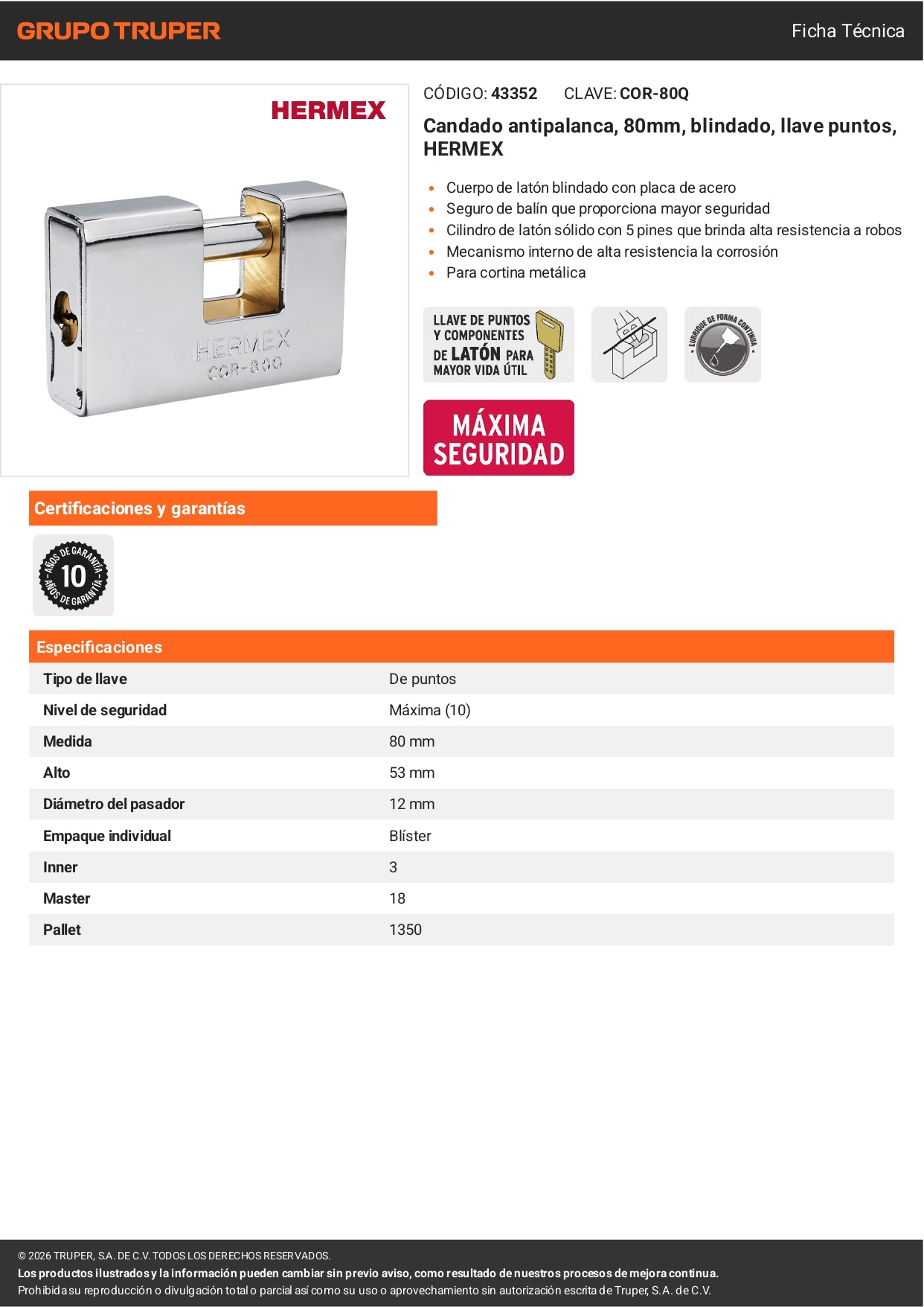Candado antipalanca blindado HERMEX 80mm con llave de puntos. Alta seguridad para puertas, bodegas y rejas