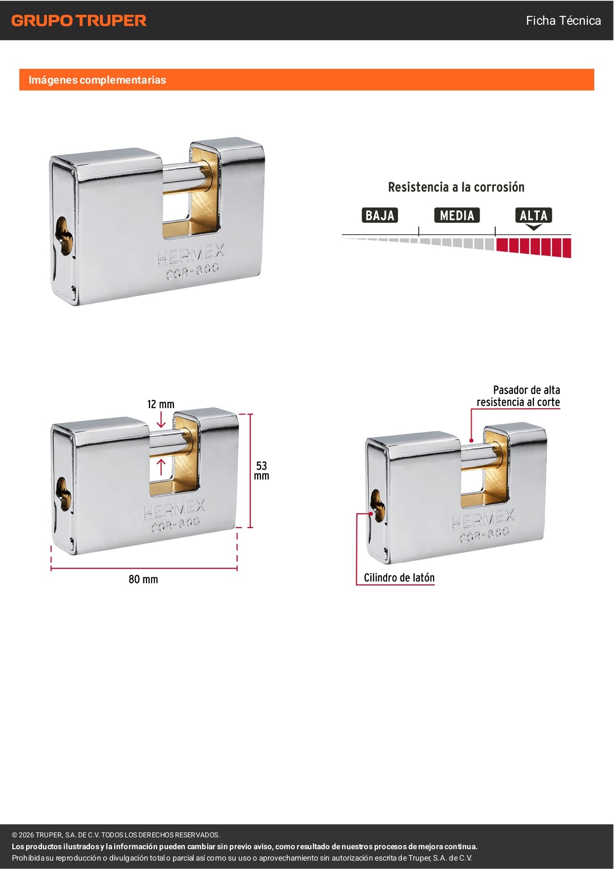 Candado antipalanca blindado HERMEX 80mm con llave de puntos. Alta seguridad para puertas, bodegas y rejas