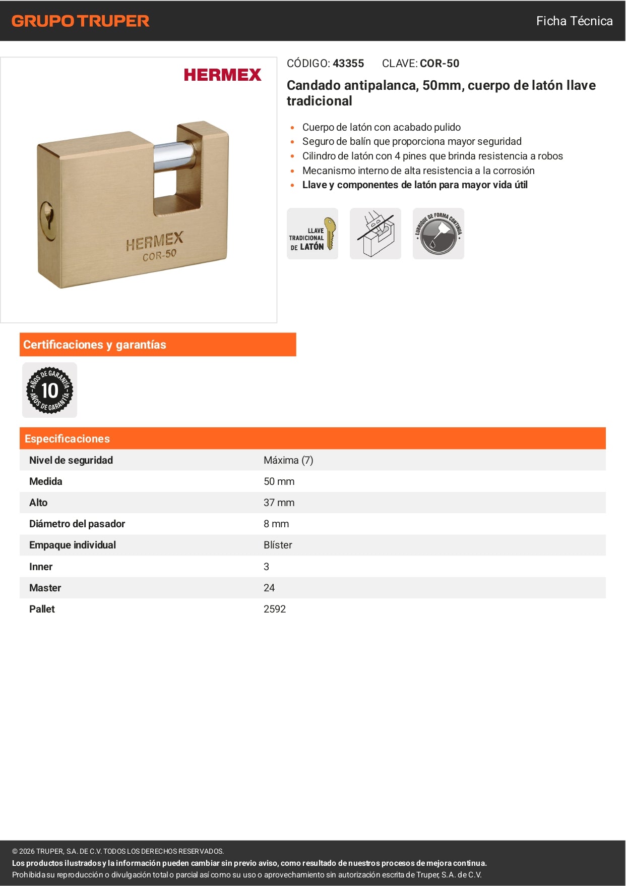 Candado antipalanca 50mm con cuerpo de latón y llave tradicional HERMEX