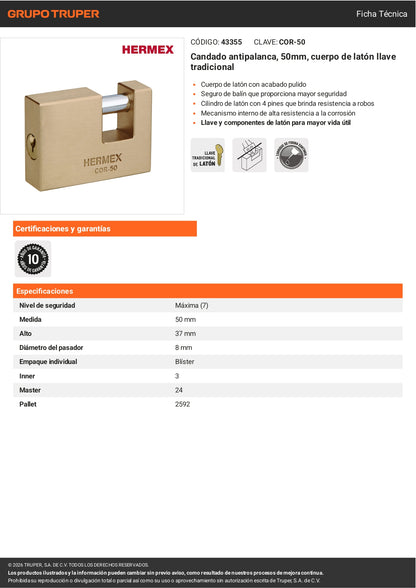 Candado antipalanca 50mm con cuerpo de latón y llave tradicional HERMEX
