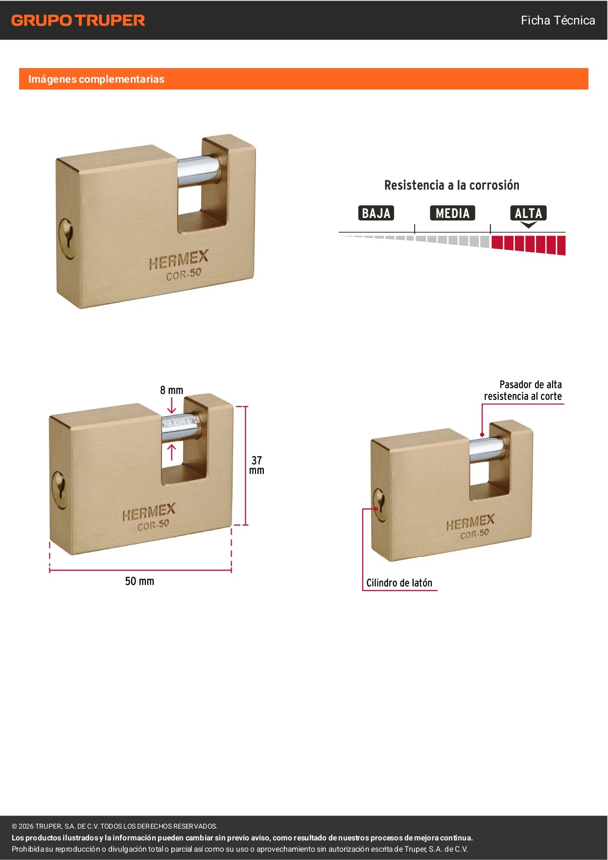 Candado antipalanca 50mm con cuerpo de latón y llave tradicional HERMEX