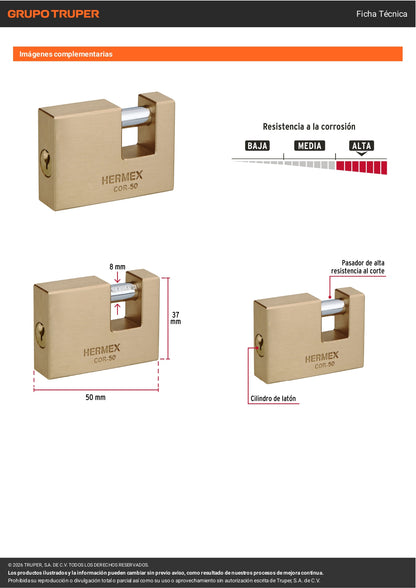 Candado antipalanca 50mm con cuerpo de latón y llave tradicional HERMEX