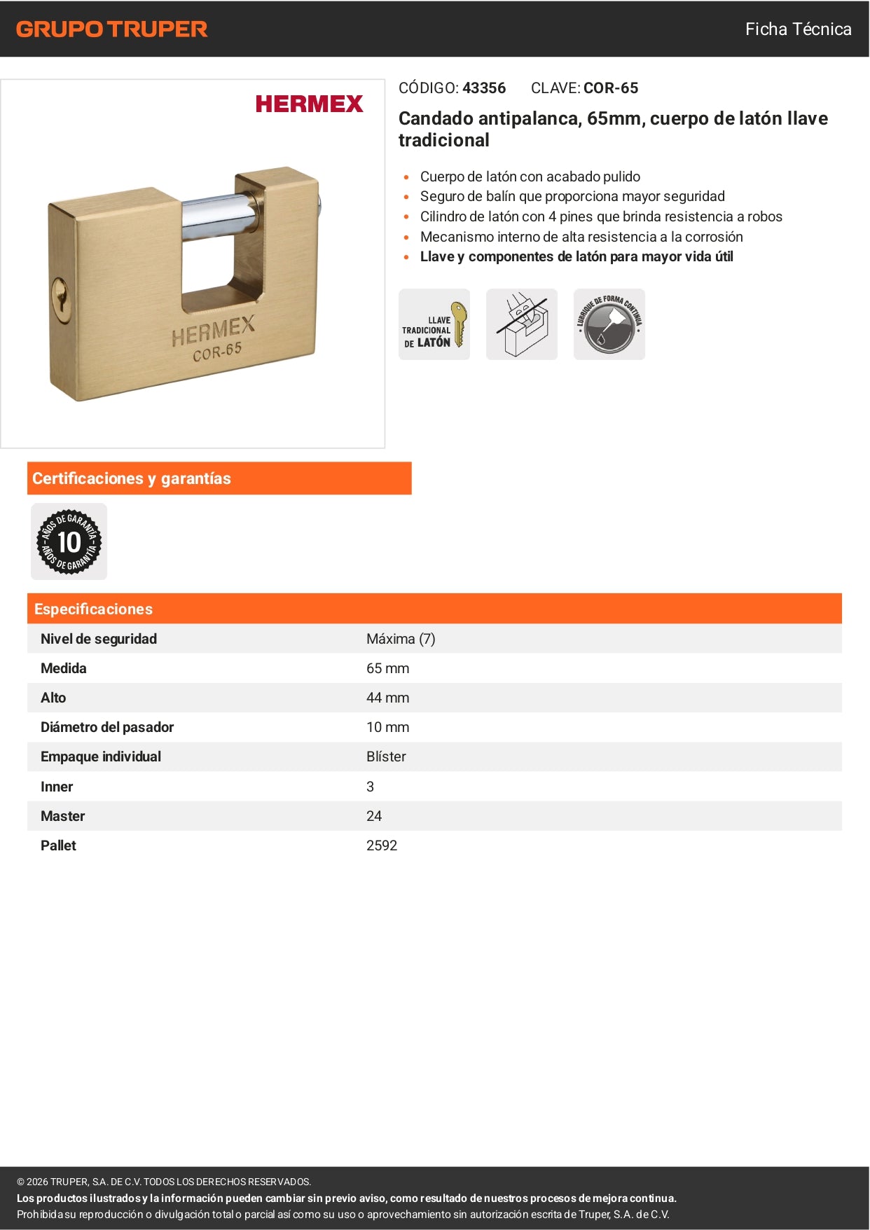 Candado Antipalanca HERMEX 65mm | Cuerpo de Latón | Alta Seguridad