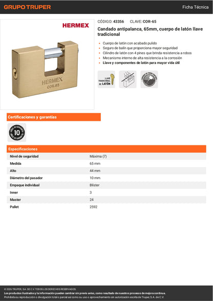 Candado Antipalanca HERMEX 65mm | Cuerpo de Latón | Alta Seguridad