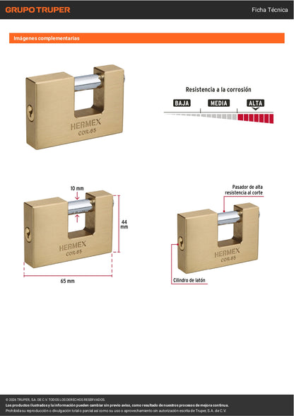Candado Antipalanca HERMEX 65mm | Cuerpo de Latón | Alta Seguridad