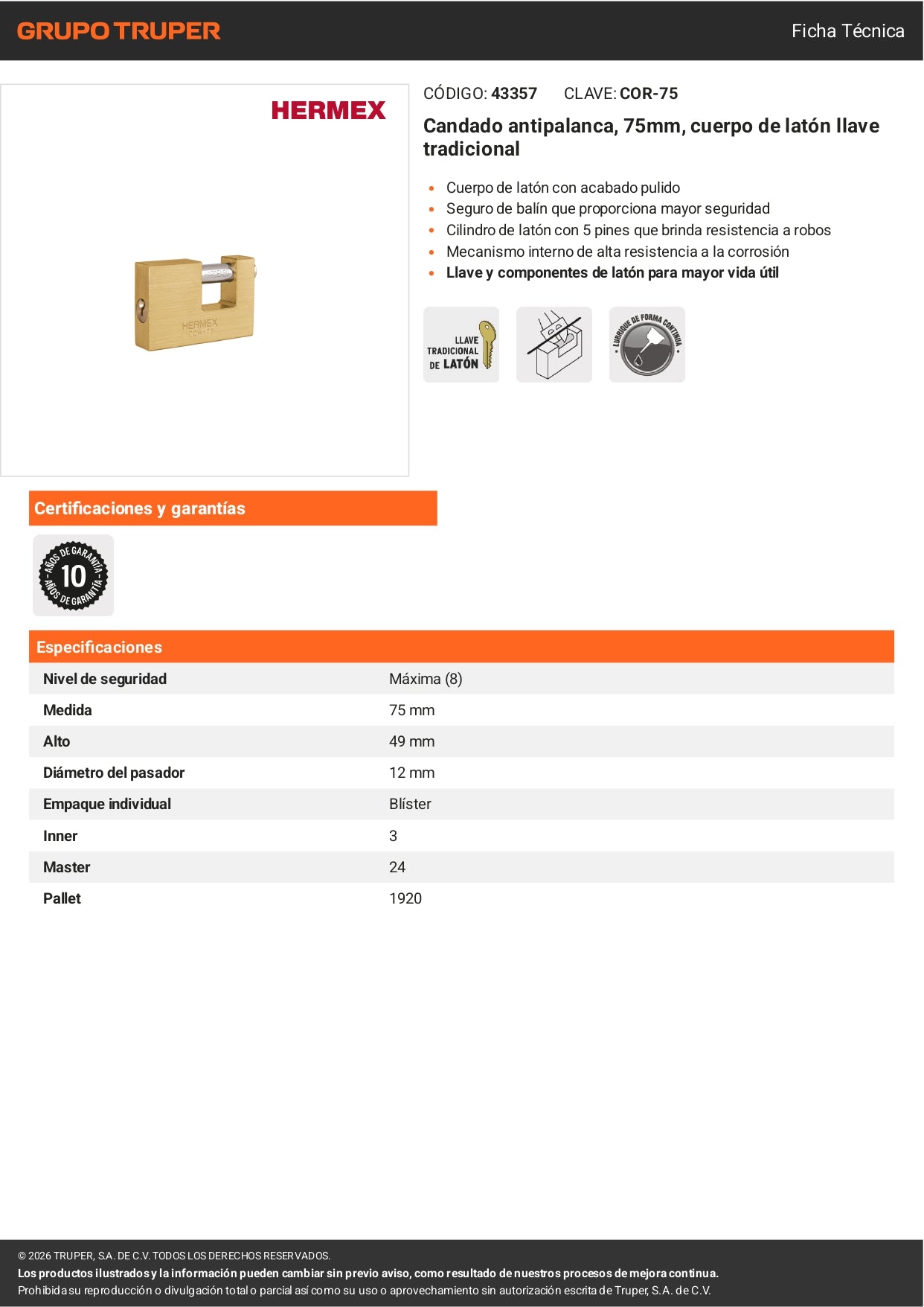 Candado Antipalanca 75mm Latón HERMEX | Seguridad Profesional Llave Tradicional