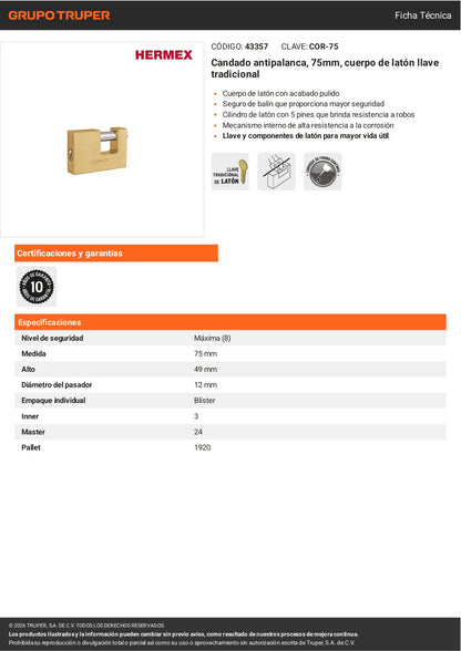 Candado Antipalanca 75mm Latón HERMEX | Seguridad Profesional Llave Tradicional