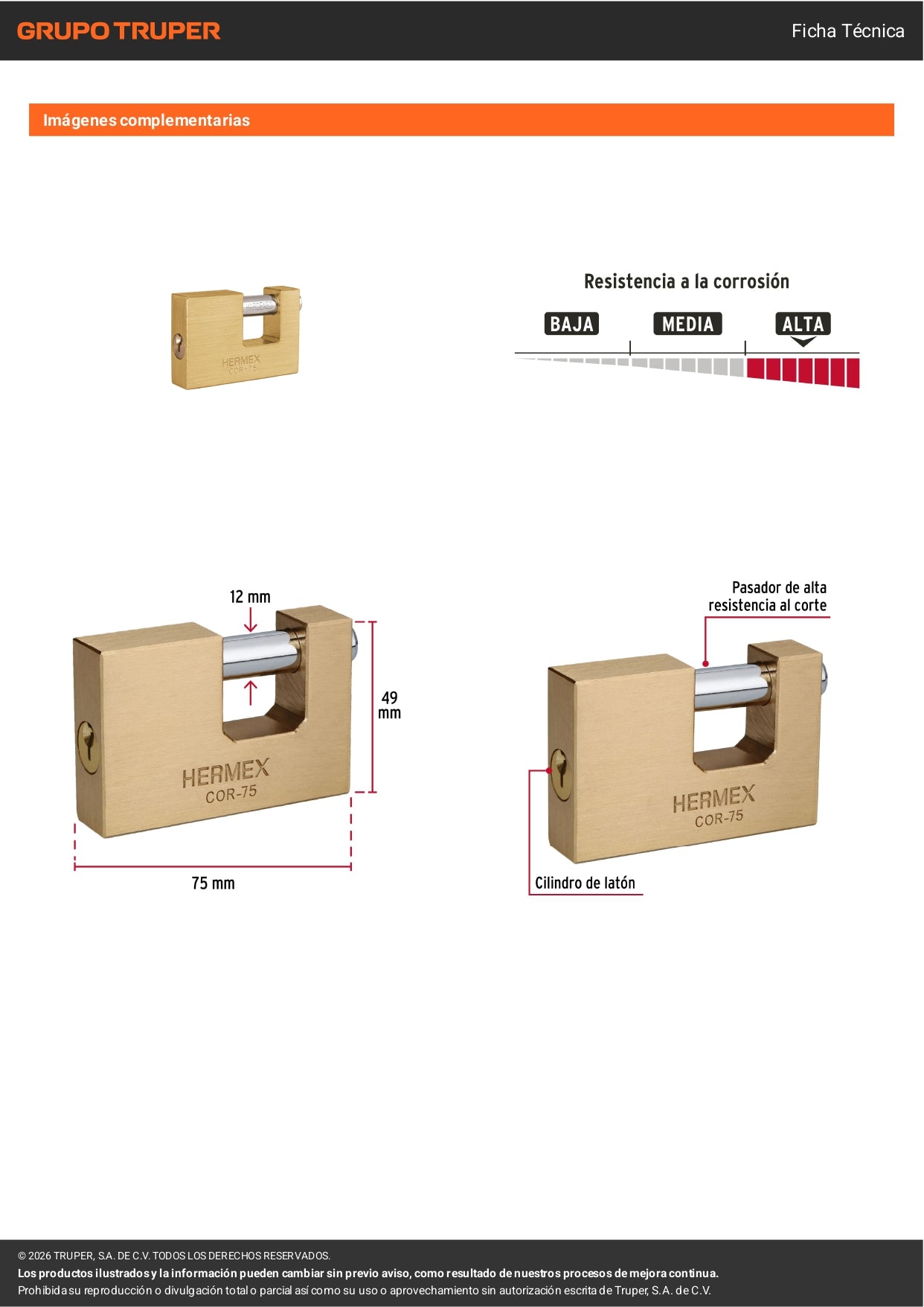 Candado Antipalanca 75mm Latón HERMEX | Seguridad Profesional Llave Tradicional