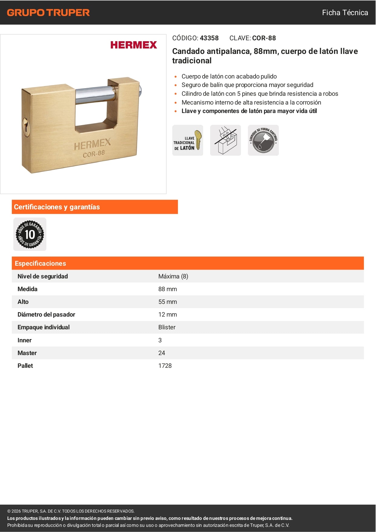 Candado antipalanca 88mm con cuerpo de latón y llave tradicional HERMEX. Alta resistencia al corte y palanca. Ideal para uso exterior e industrial