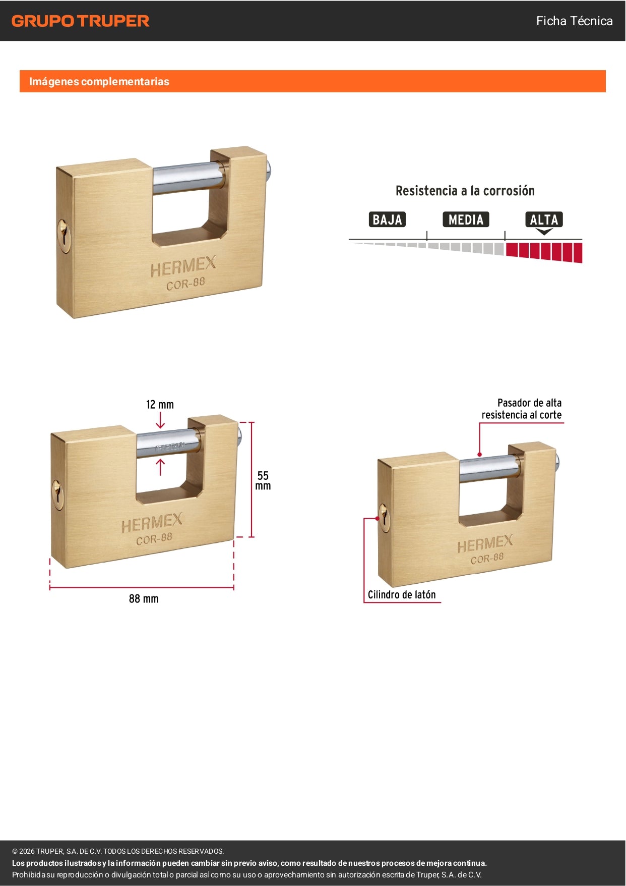 Candado antipalanca 88mm con cuerpo de latón y llave tradicional HERMEX. Alta resistencia al corte y palanca. Ideal para uso exterior e industrial