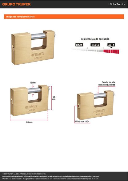 Candado antipalanca 88mm con cuerpo de latón y llave tradicional HERMEX. Alta resistencia al corte y palanca. Ideal para uso exterior e industrial