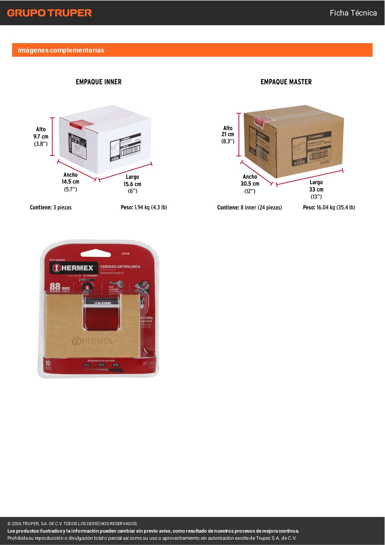 Candado antipalanca 88mm con cuerpo de latón y llave tradicional HERMEX. Alta resistencia al corte y palanca. Ideal para uso exterior e industrial