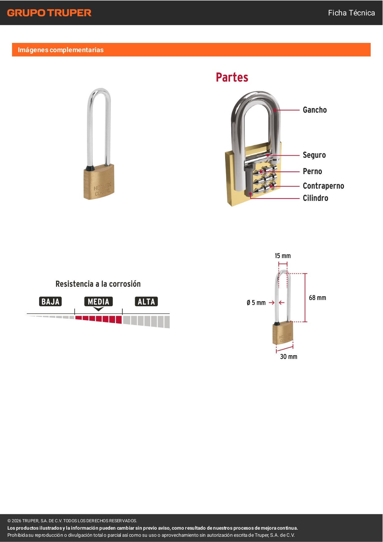 Candado de latón 30mm con gancho extra largo HERMEX. Alta seguridad, resistente a la intemperie