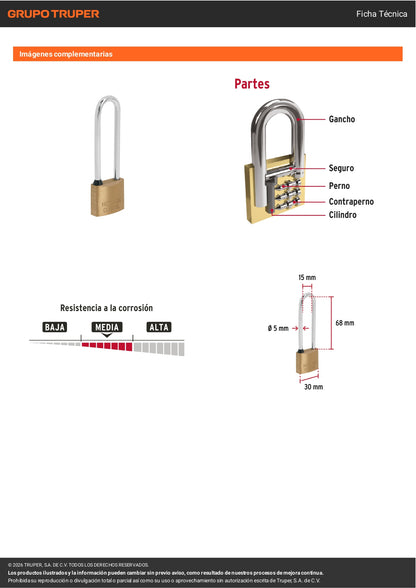 Candado de latón 30mm con gancho extra largo HERMEX. Alta seguridad, resistente a la intemperie