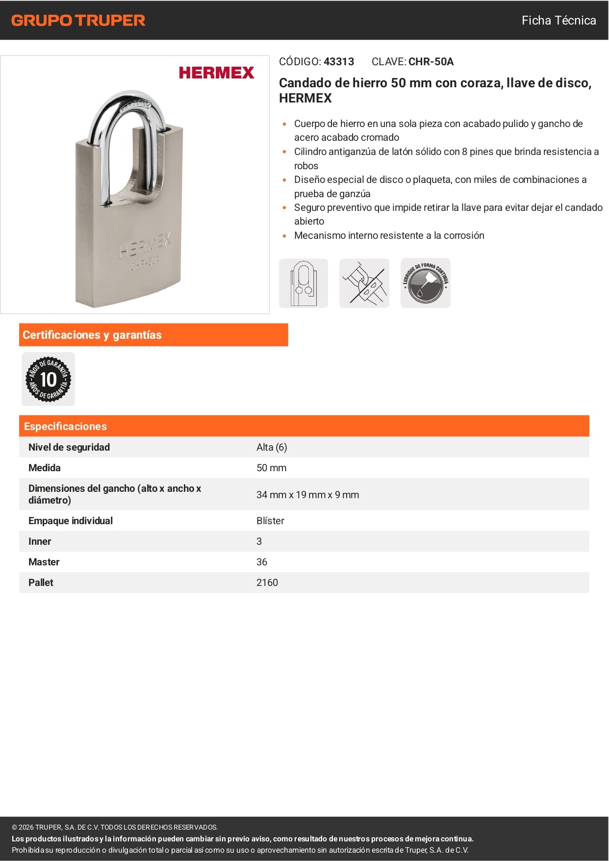 Candado HERMEX 50 mm Coraza Acero y Llave de Disco