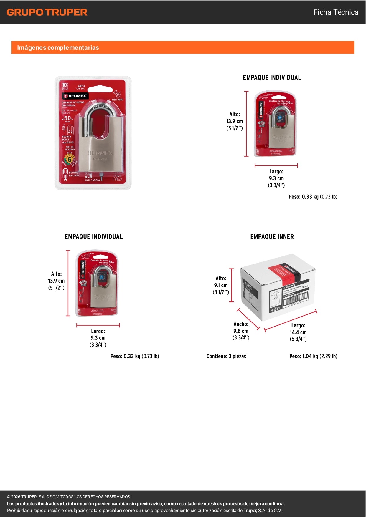 Candado HERMEX 50 mm Coraza Acero y Llave de Disco