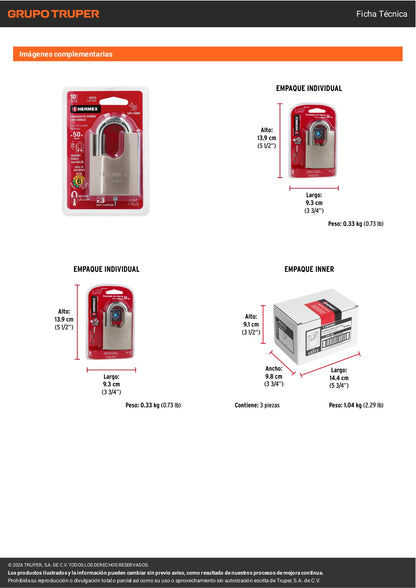 Candado HERMEX 50 mm Coraza Acero y Llave de Disco