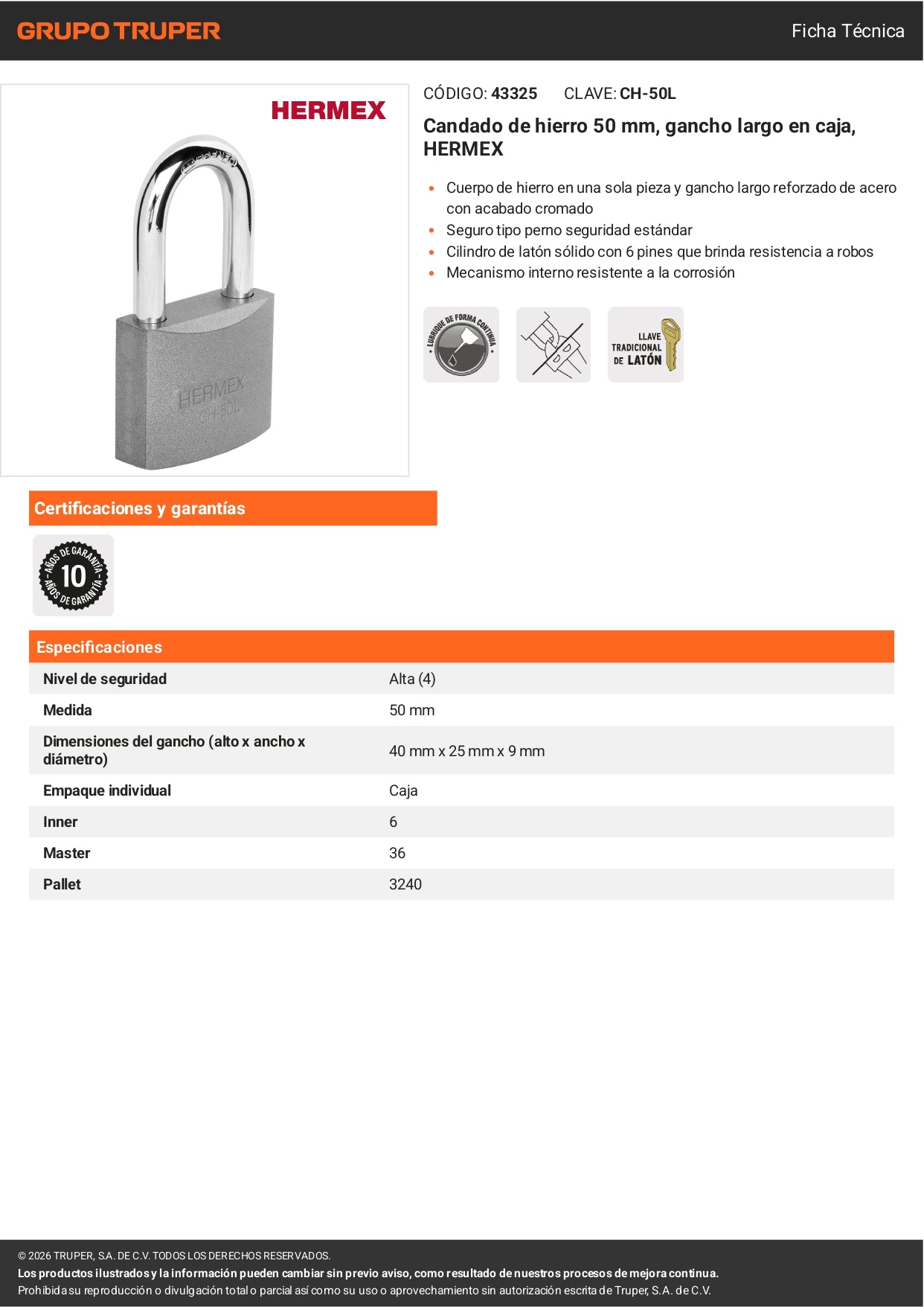 Candado de hierro 50 mm con gancho largo HERMEX. Seguridad resistente para puertas, bodegas y rejas