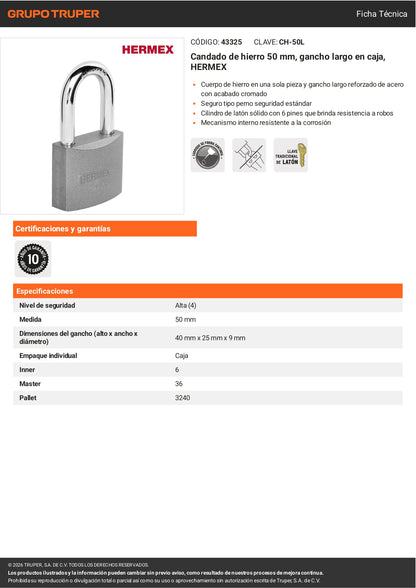 Candado de hierro 50 mm con gancho largo HERMEX. Seguridad resistente para puertas, bodegas y rejas