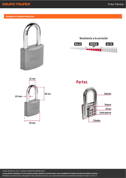 Candado de hierro 50 mm con gancho largo HERMEX. Seguridad resistente para puertas, bodegas y rejas